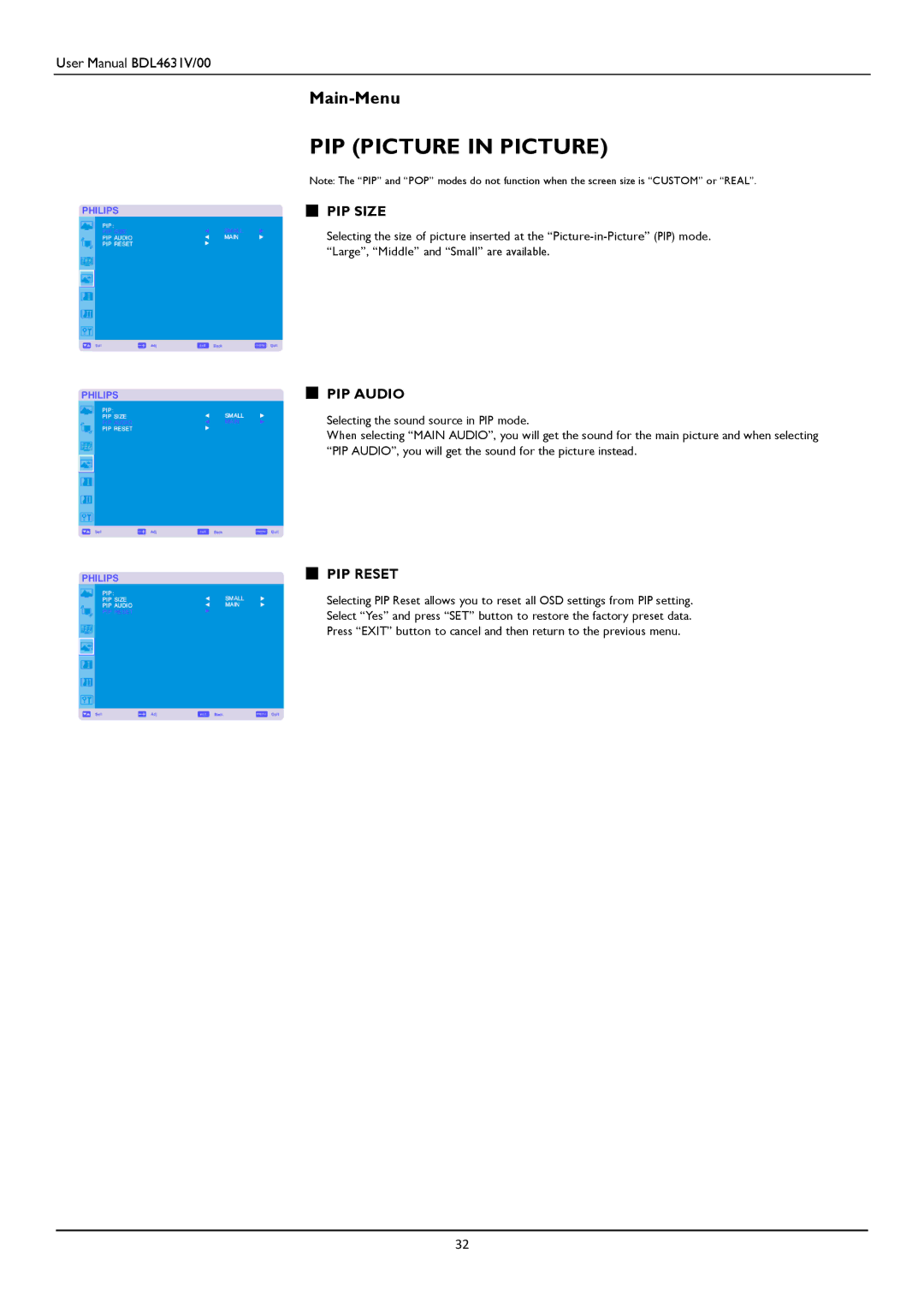 Philips BDL4631V user manual PIP Size, PIP Audio, PIP Reset 