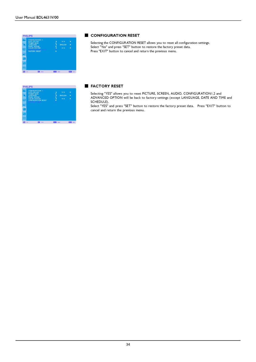 Philips BDL4631V user manual Configuration Reset, Factory Reset 