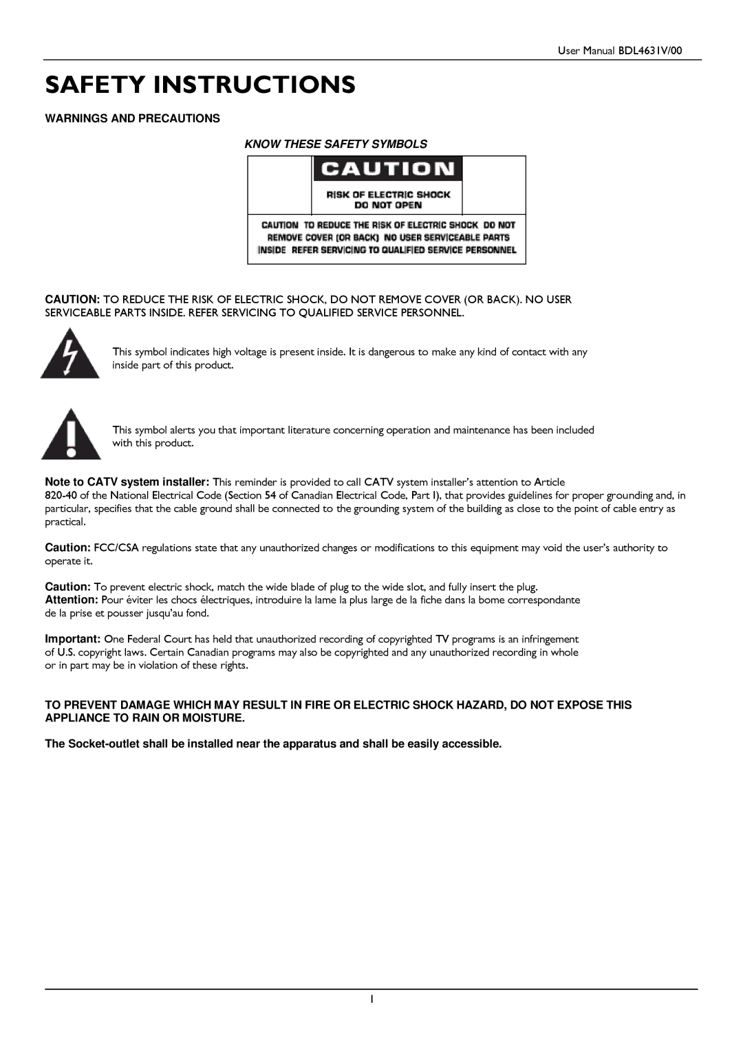 Philips BDL4631V user manual Safety Instructions 