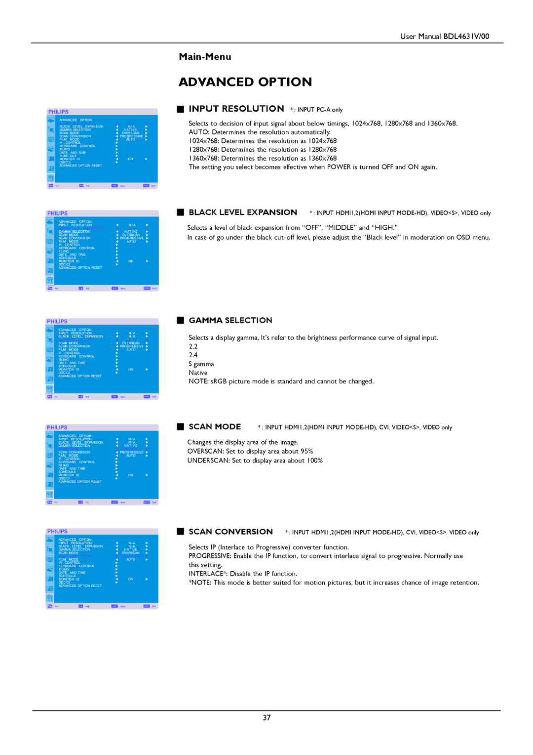 Philips BDL4631V user manual Advanced Option, Gamma Selection 