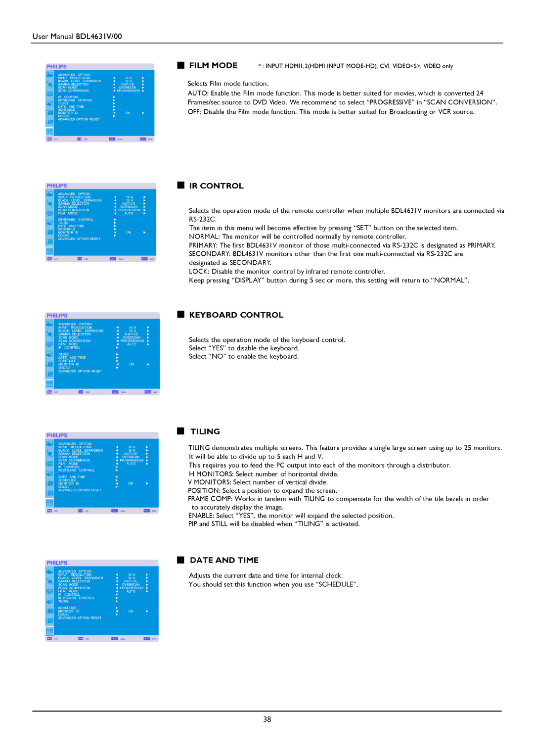 Philips BDL4631V user manual IR Control, Keyboard Control, Tiling, Date and Time 