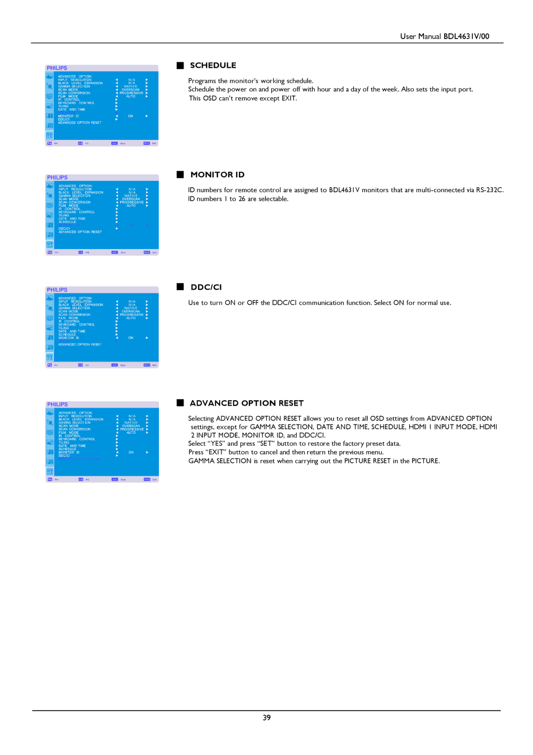 Philips BDL4631V user manual Schedule, Monitor ID, Ddc/Ci, Advanced Option Reset 