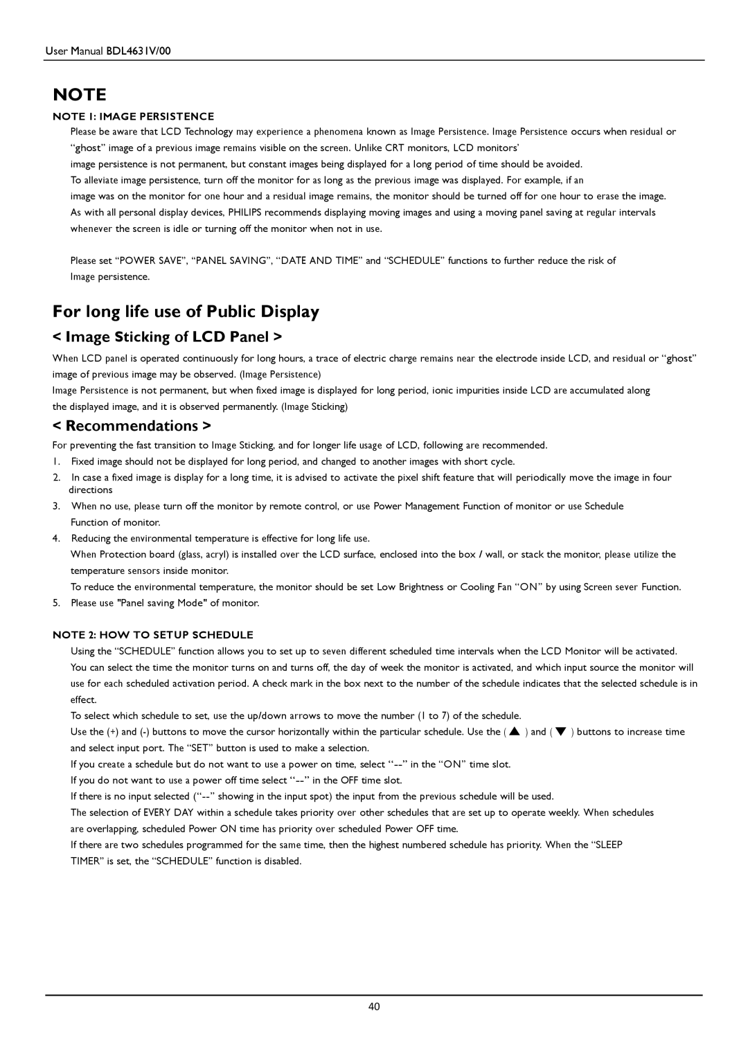 Philips BDL4631V user manual For long life use of Public Display, Image Sticking of LCD Panel, Recommendations 