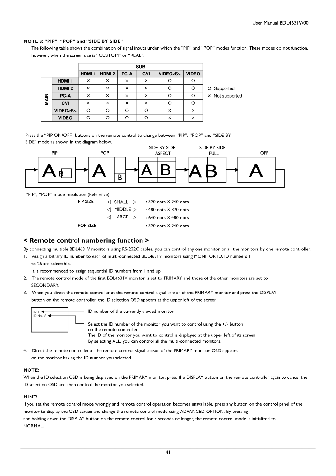 Philips BDL4631V user manual Remote control numbering function, SUB Hdmi PC-A CVI Videos Main 