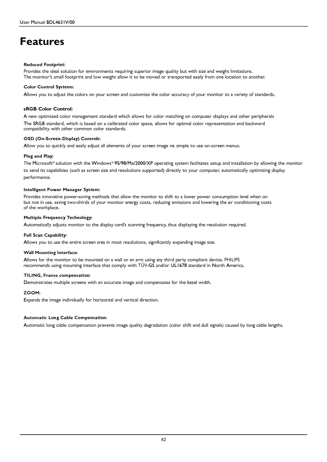 Philips BDL4631V user manual Features, SRGB Color Control 