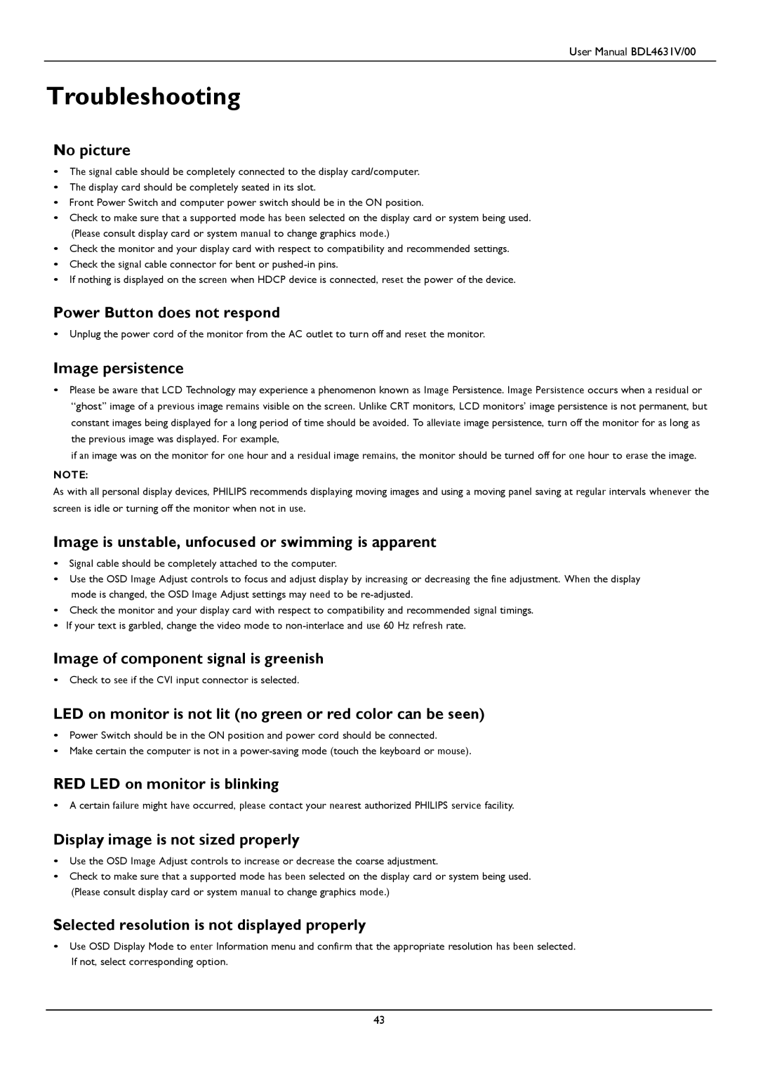 Philips BDL4631V user manual Troubleshooting 