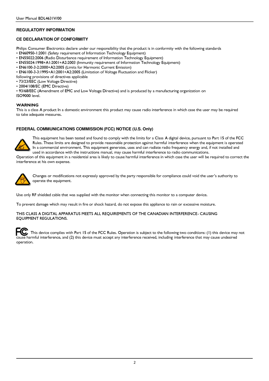 Philips BDL4631V user manual Regulatory Information CE Declaration of Conformity 