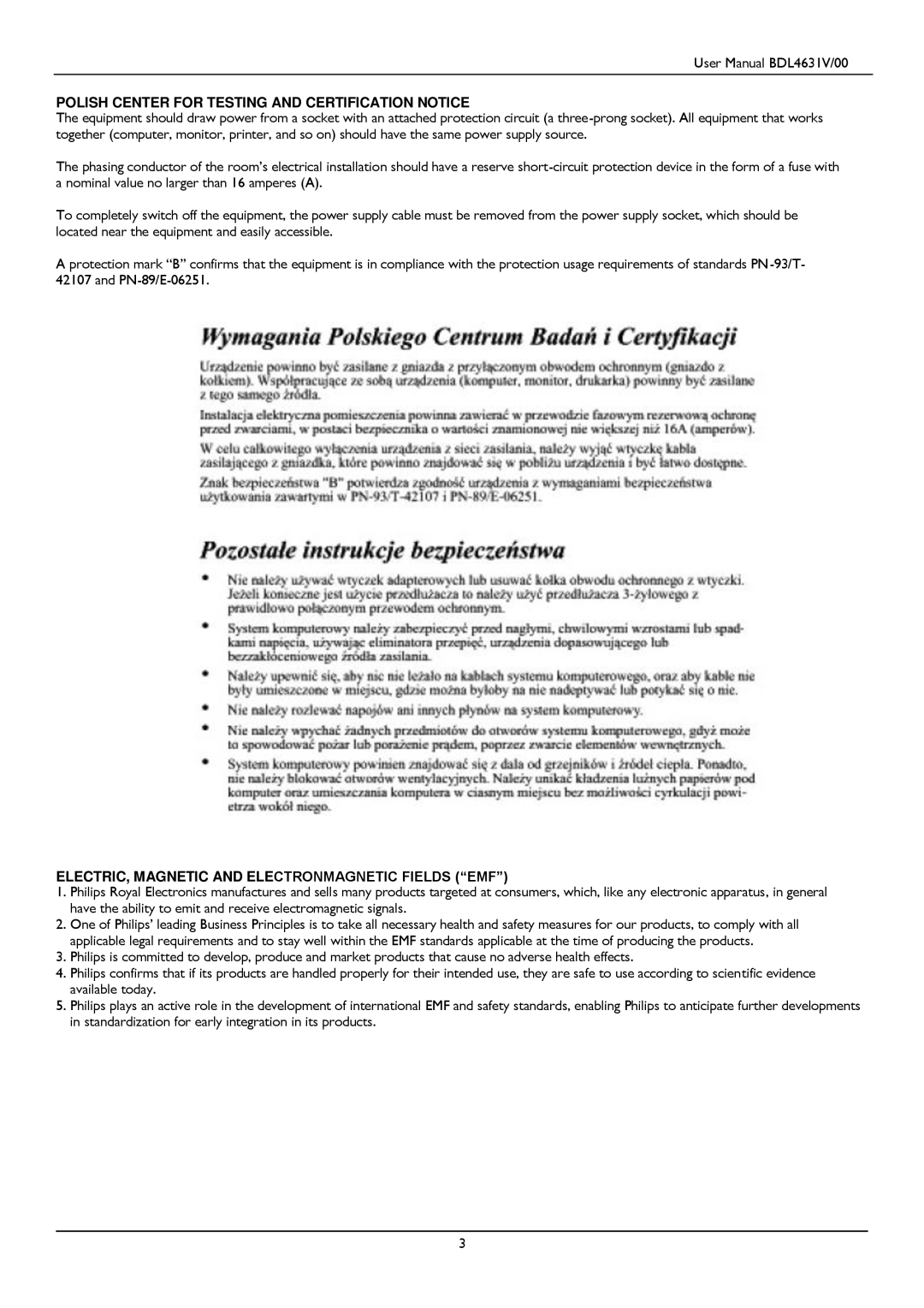 Philips BDL4631V user manual Polish Center for Testing and Certification Notice 