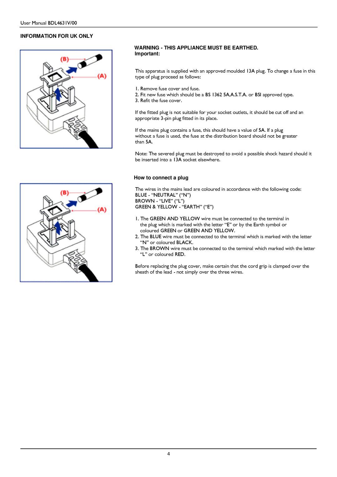 Philips BDL4631V user manual Information for UK only 