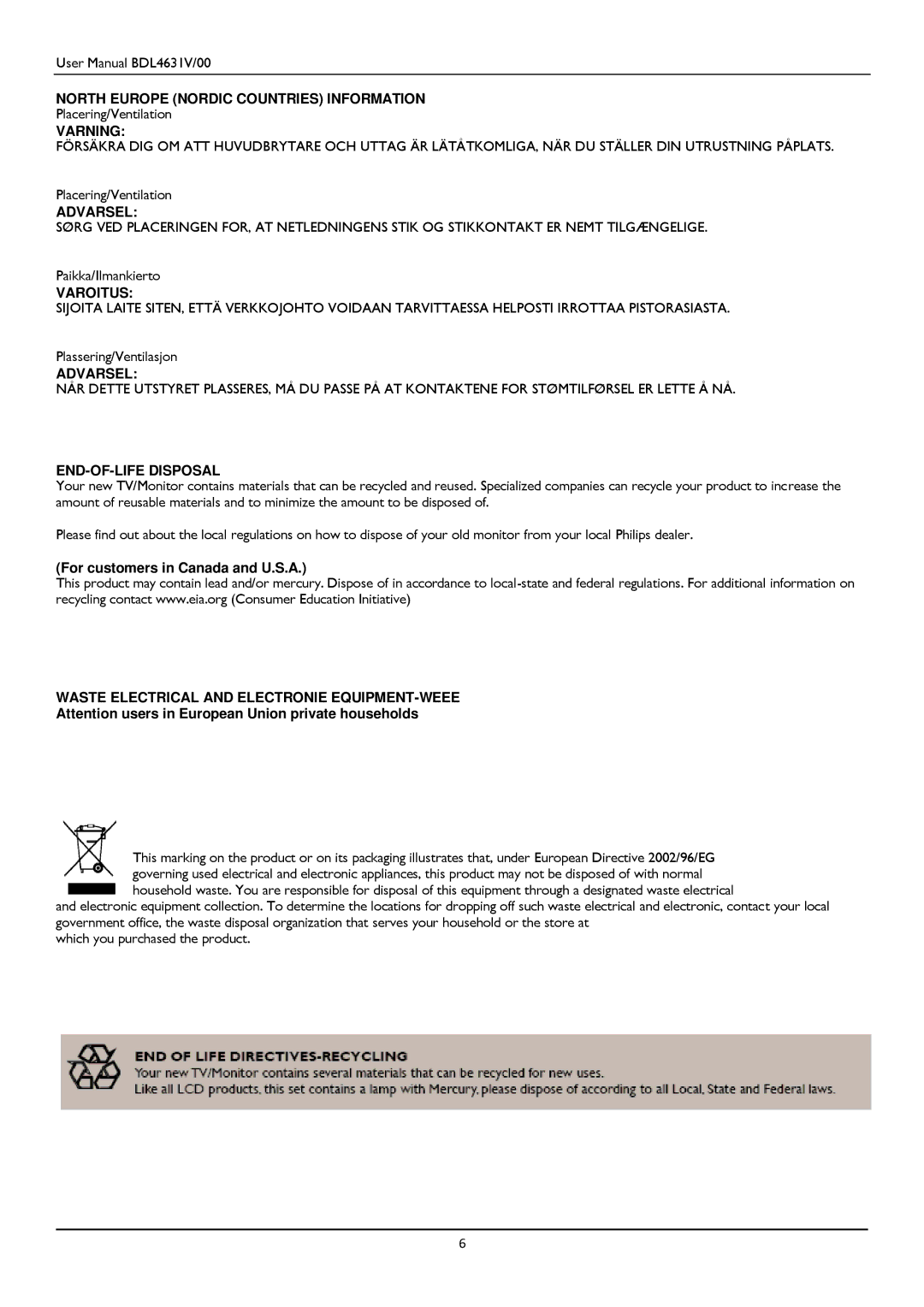 Philips BDL4631V user manual North Europe Nordic Countries Information 