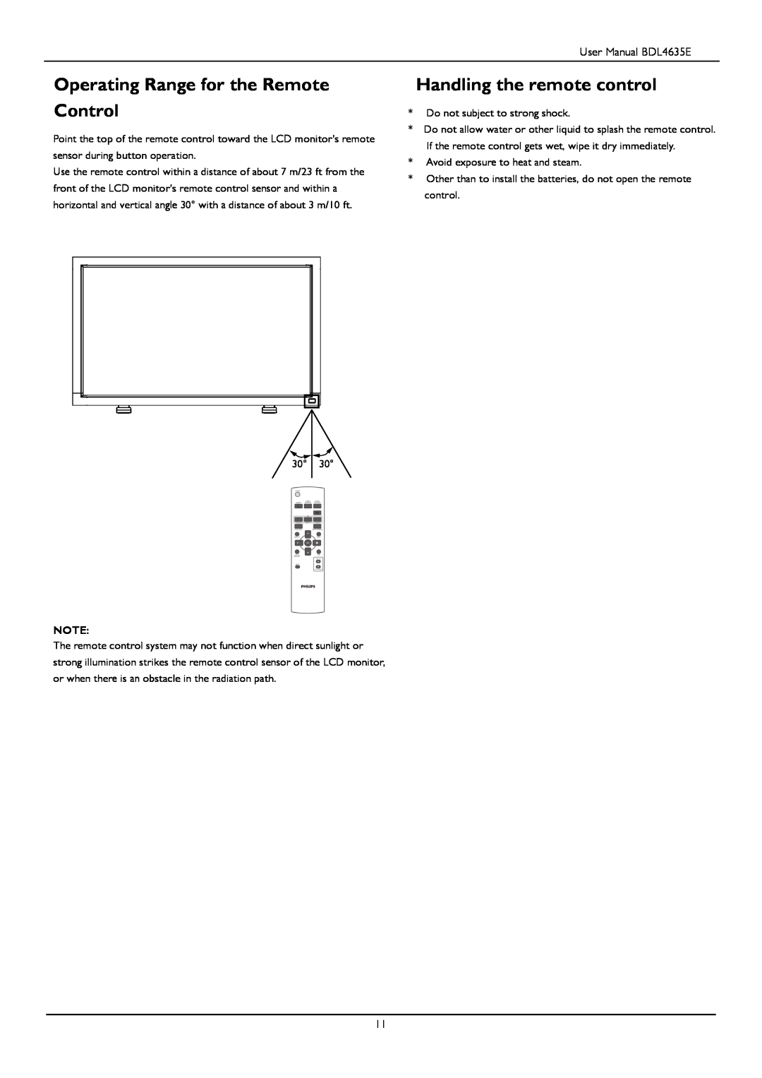 Philips BDL4635E/00 user manual Operating Range for the Remote Control, Handling the remote control 