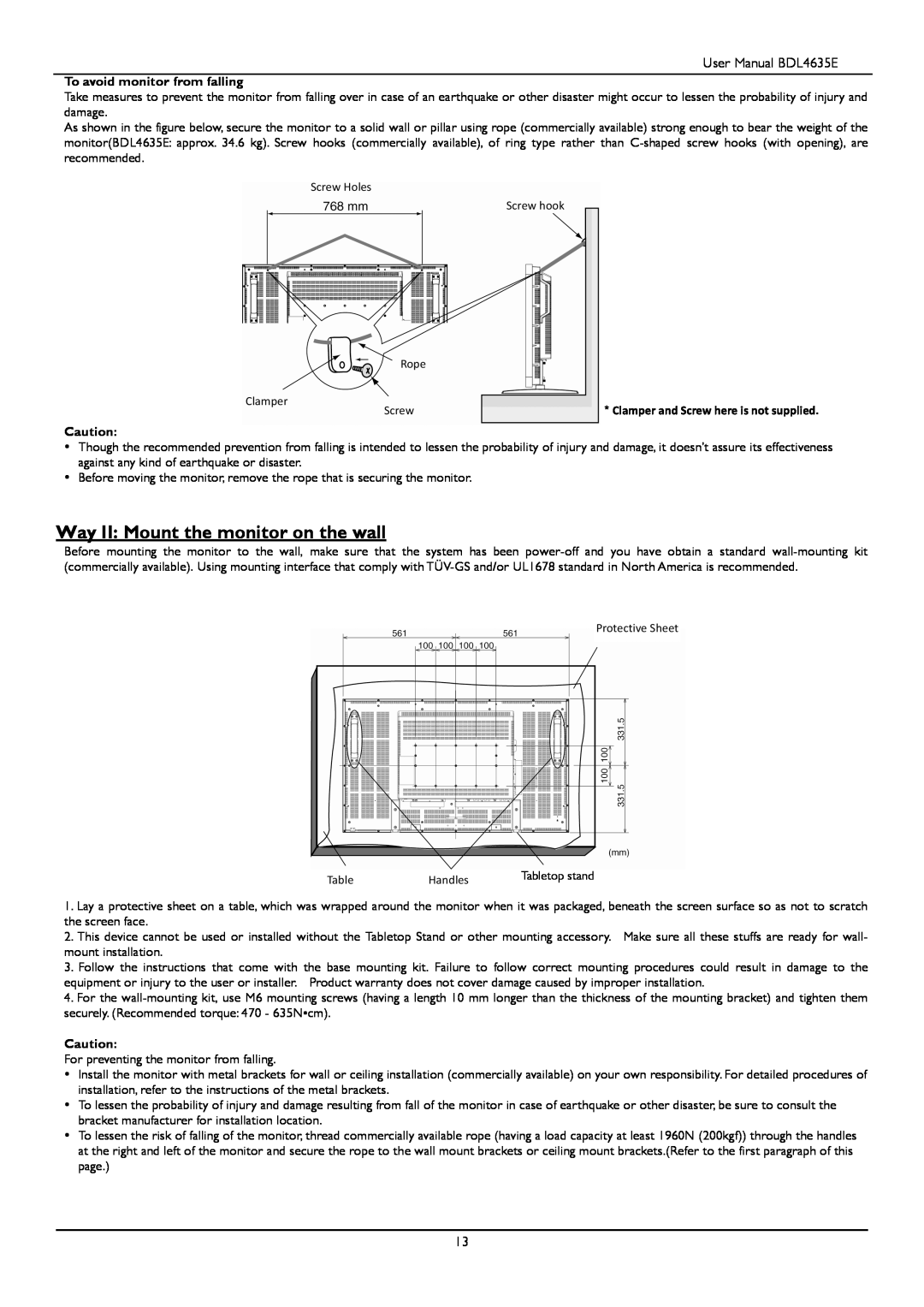 Philips BDL4635E/00 user manual Way II Mount the monitor on the wall 