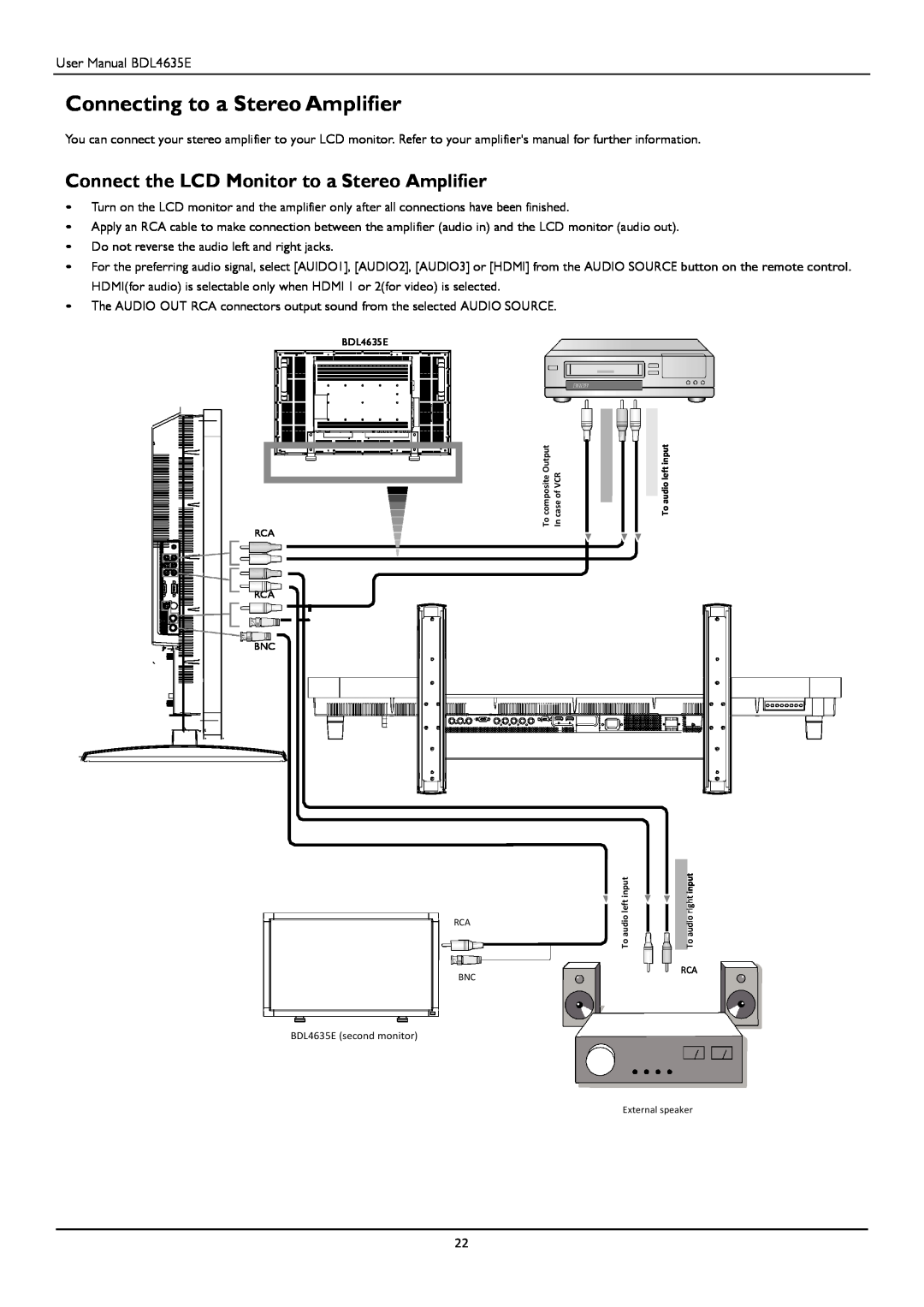 Philips BDL4635E/00 user manual Connecting to a Stereo Amplifier, Connect the LCD Monitor to a Stereo Amplifier 