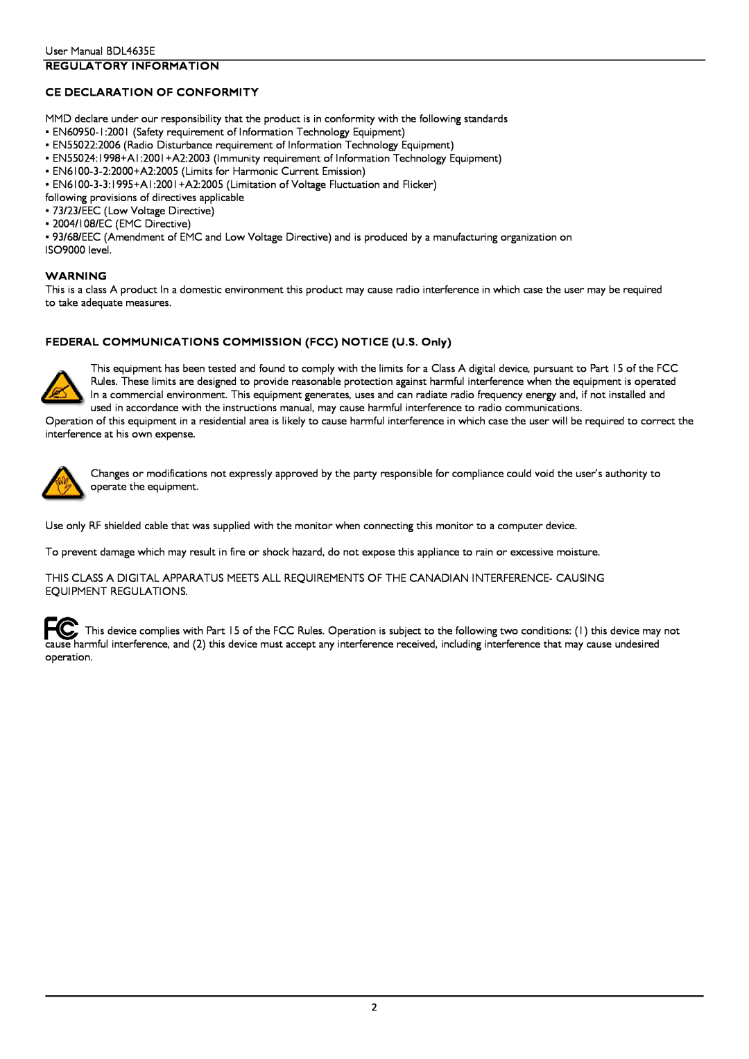 Philips BDL4635E/00 user manual Regulatory Information, Ce Declaration Of Conformity 