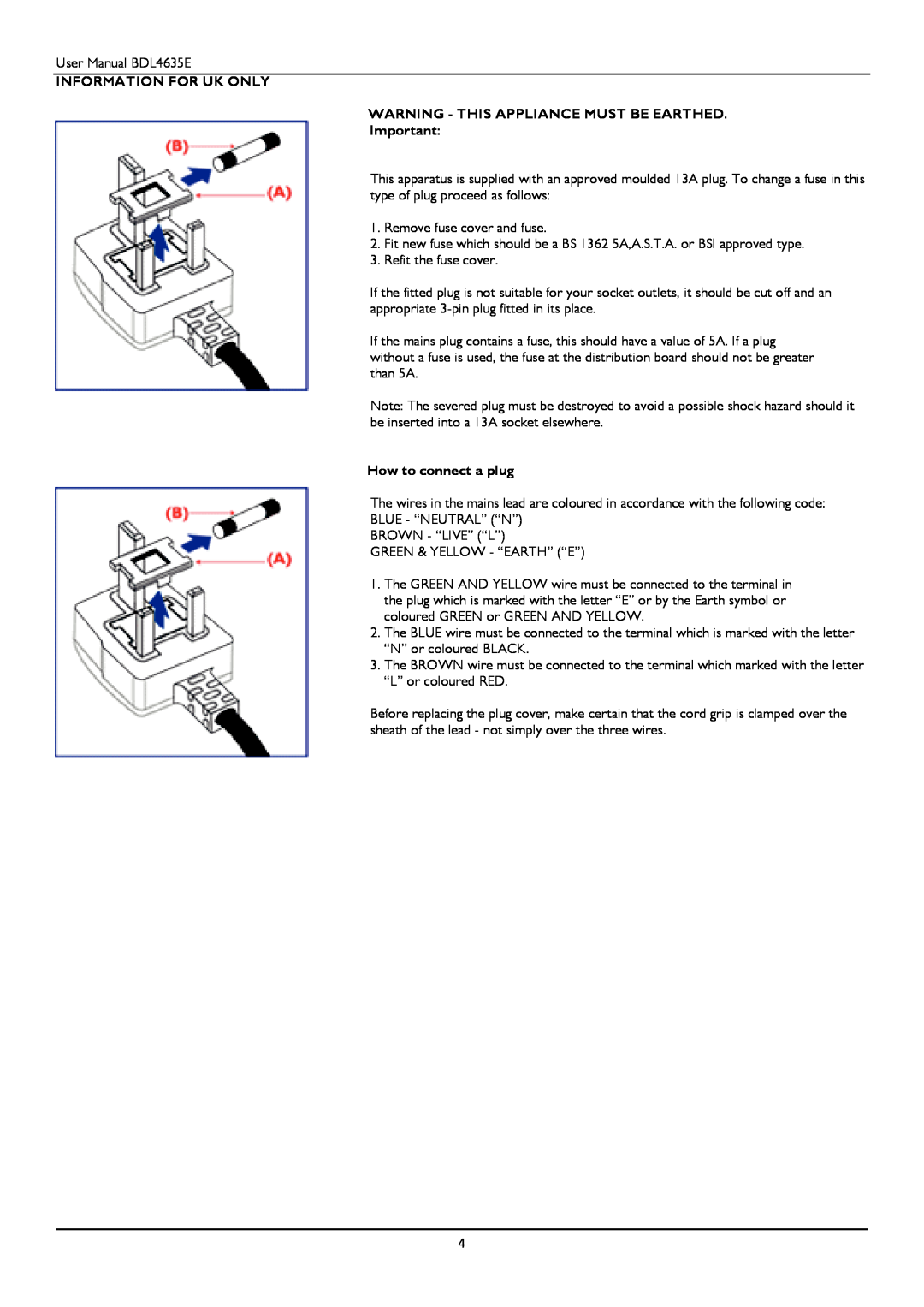 Philips BDL4635E/00 user manual Information For Uk Only, Warning - This Appliance Must Be Earthed, How to connect a plug 