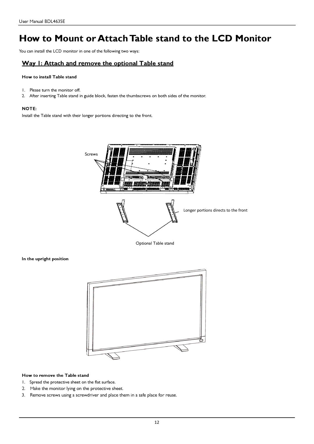 Philips BDL4635E How to Mount or Attach Table stand to the LCD Monitor, Way 1 Attach and remove the optional Table stand 