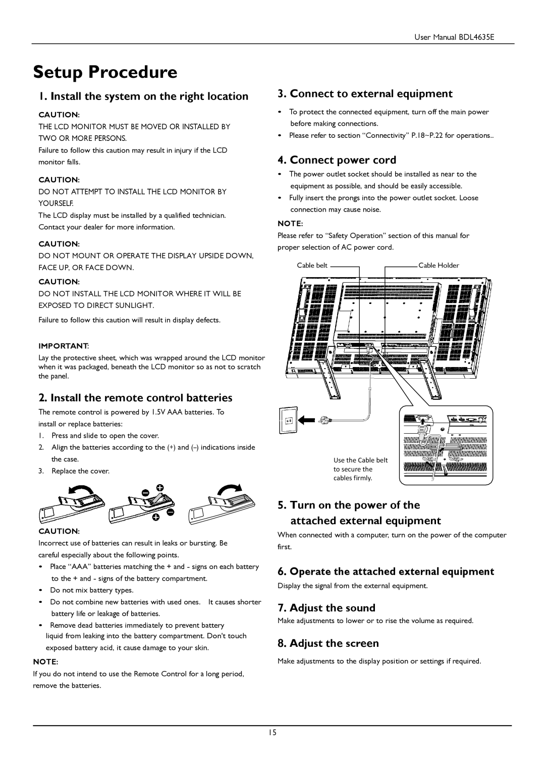 Philips BDL4635E/00 user manual Setup Procedure 