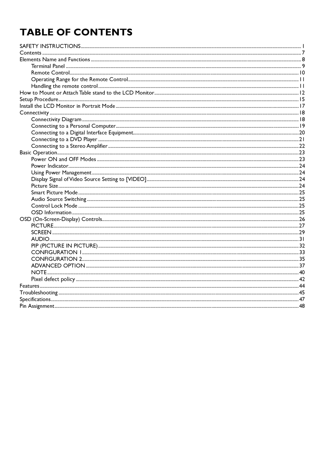 Philips BDL4635E/00 user manual Table of Contents 