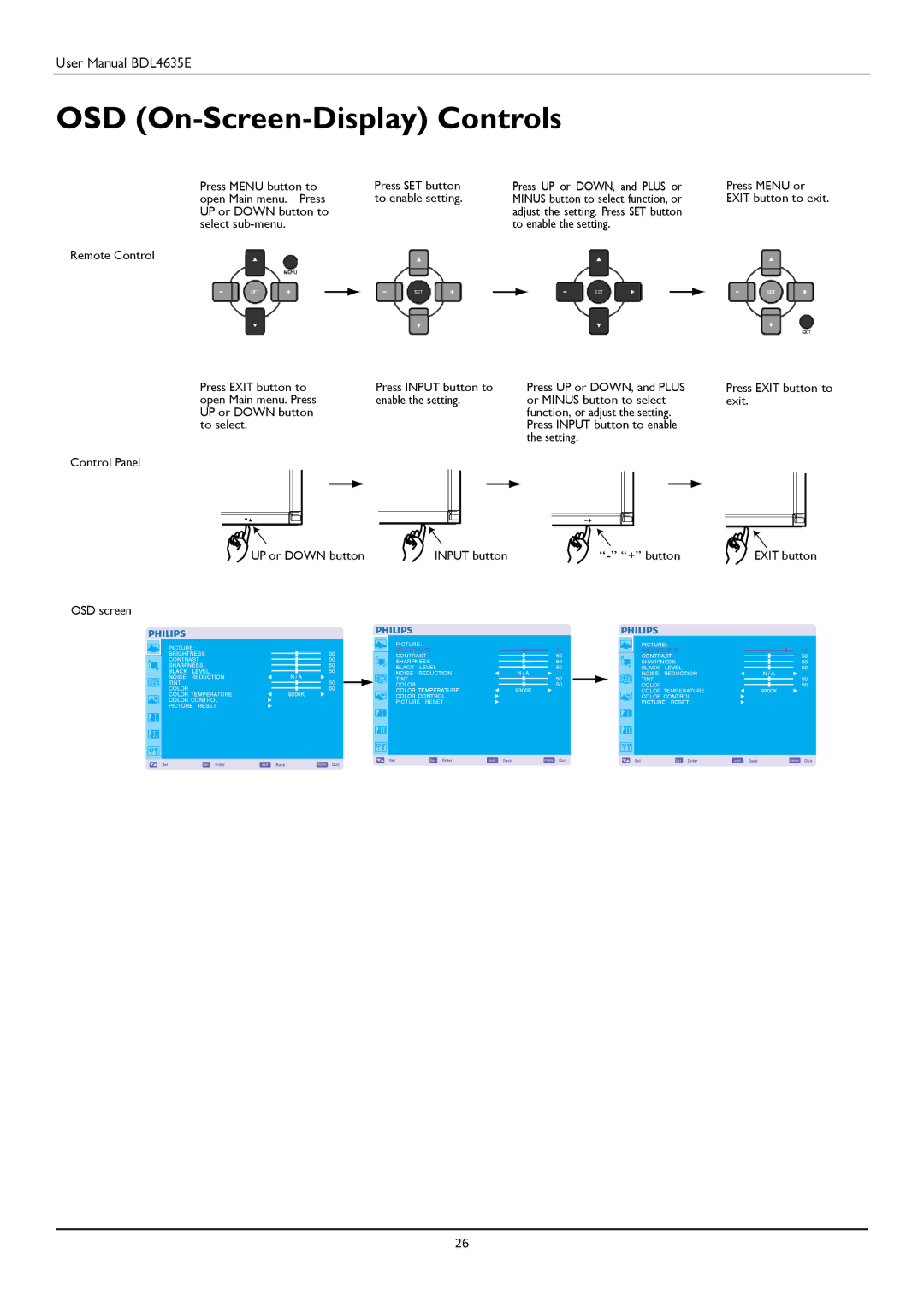 Philips BDL4635E/00 user manual OSD On-Screen-Display Controls 