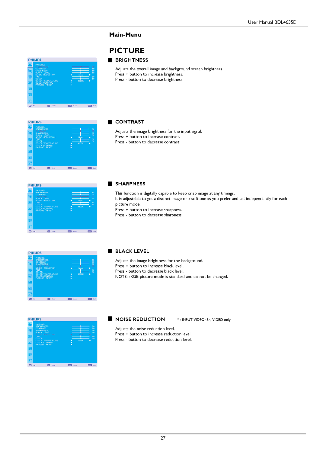 Philips BDL4635E/00 user manual Brightness, Contrast, Sharpness, Black Level, Noise Reduction 