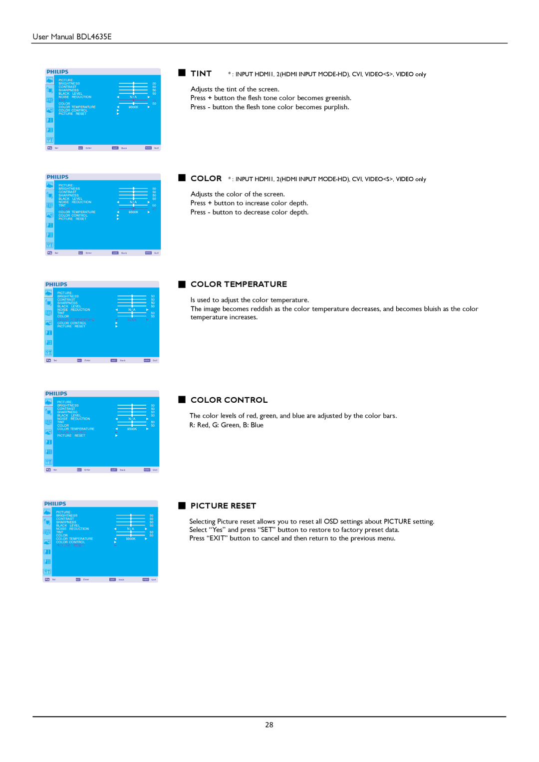 Philips BDL4635E/00 user manual Color Temperature, Color Control, Picture Reset 