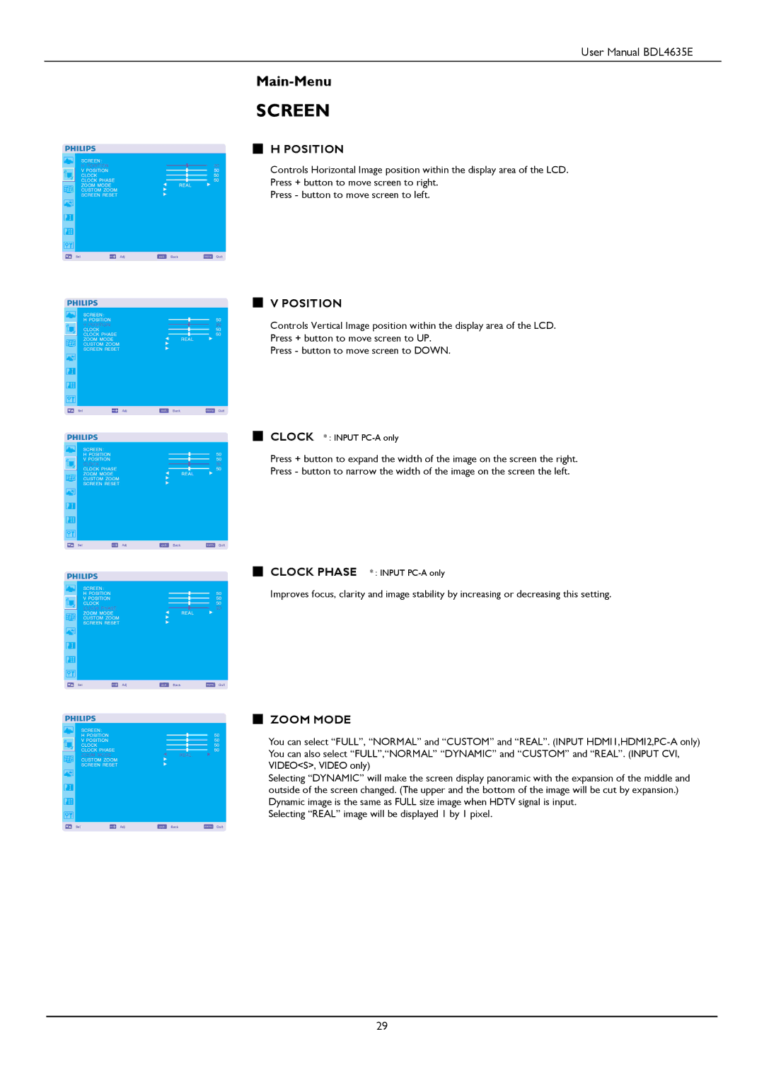 Philips BDL4635E/00 user manual Position, Zoom Mode 