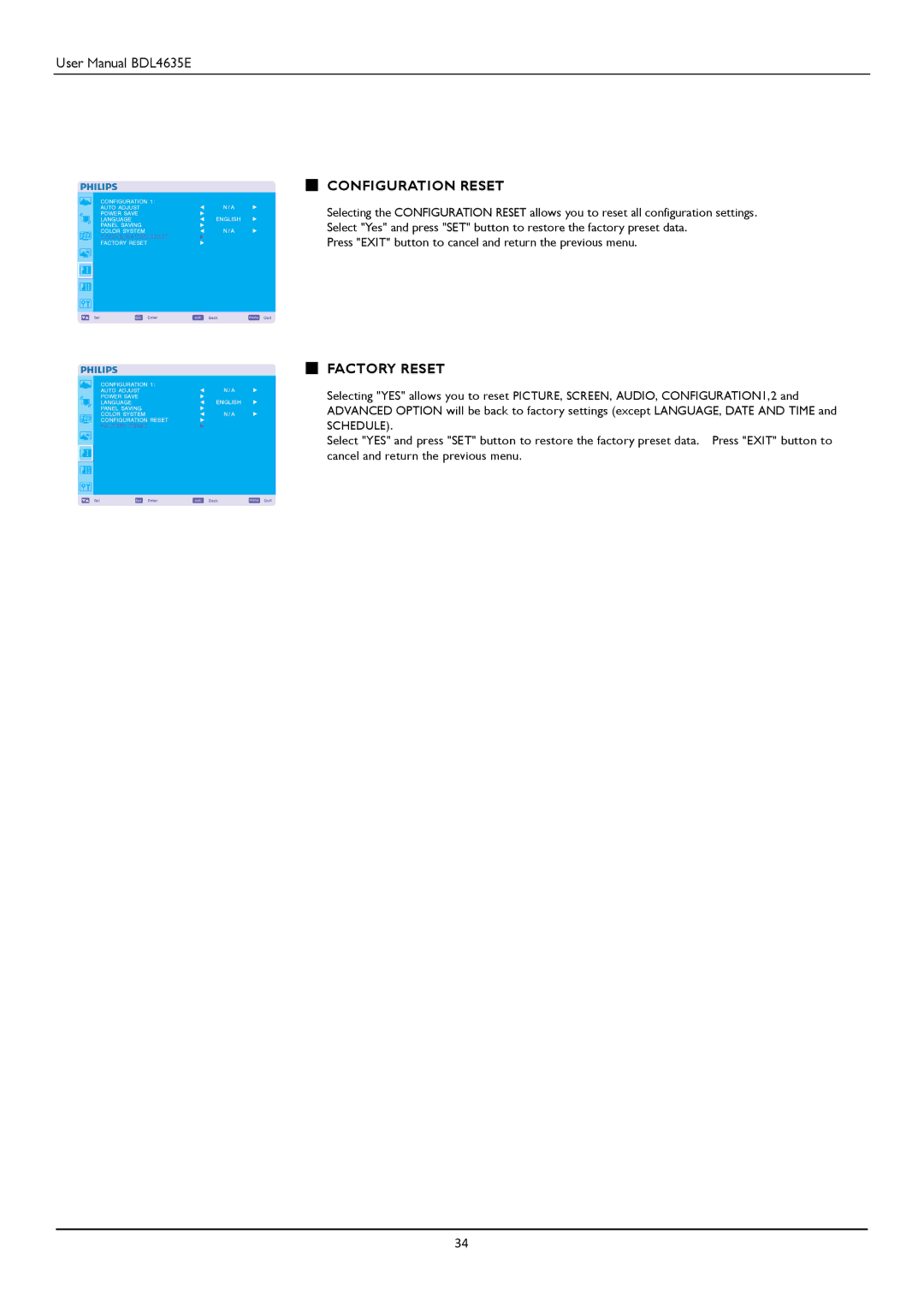 Philips BDL4635E/00 user manual Configuration Reset, Factory Reset 