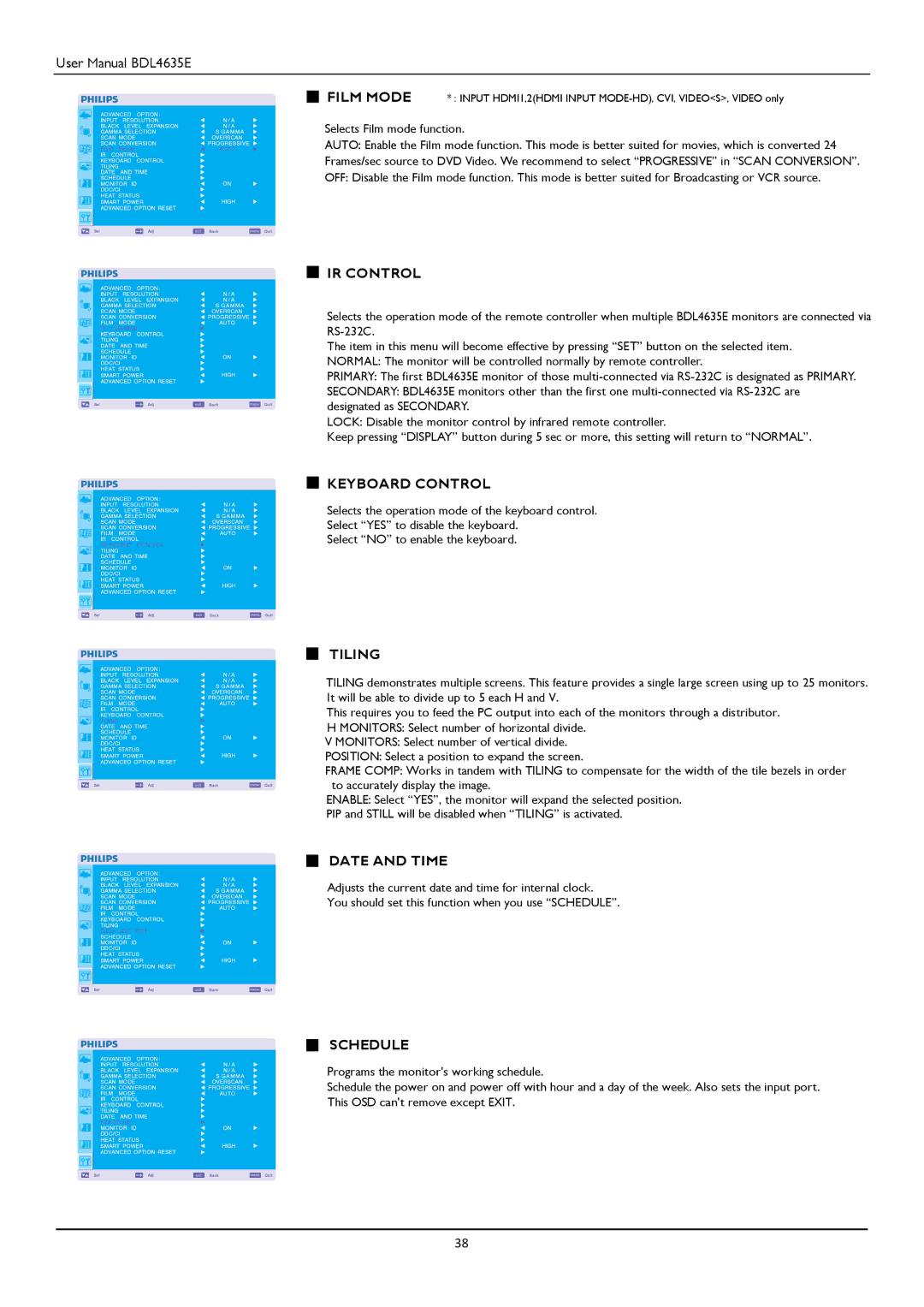 Philips BDL4635E/00 user manual IR Control, Keyboard Control, Tiling, Date and Time, Schedule 