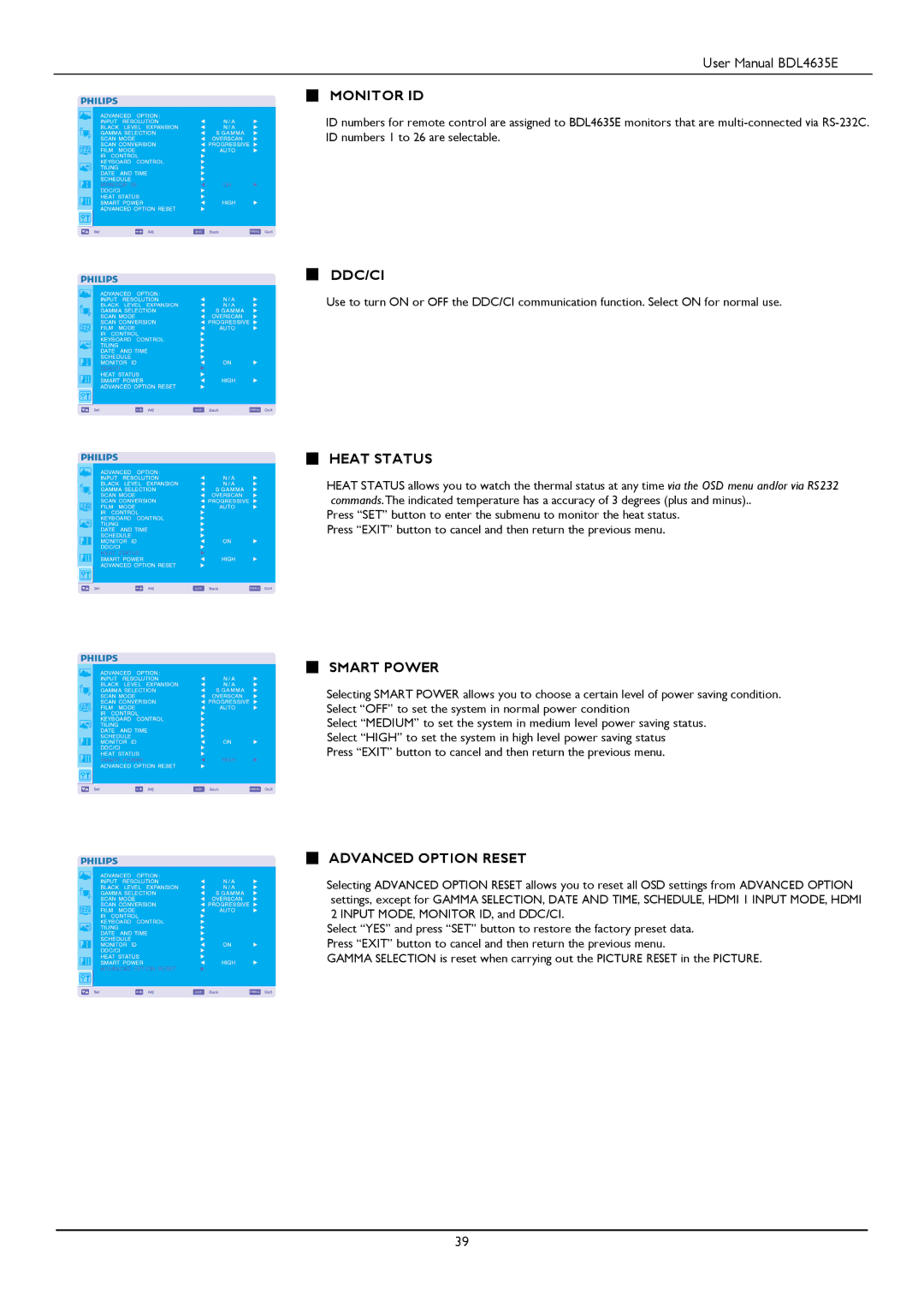 Philips BDL4635E/00 user manual Monitor ID, Ddc/Ci, Heat Status, Smart Power, Advanced Option Reset 