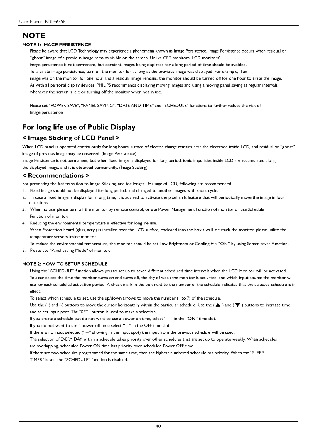 Philips BDL4635E/00 user manual For long life use of Public Display, Image Sticking of LCD Panel, Recommendations 