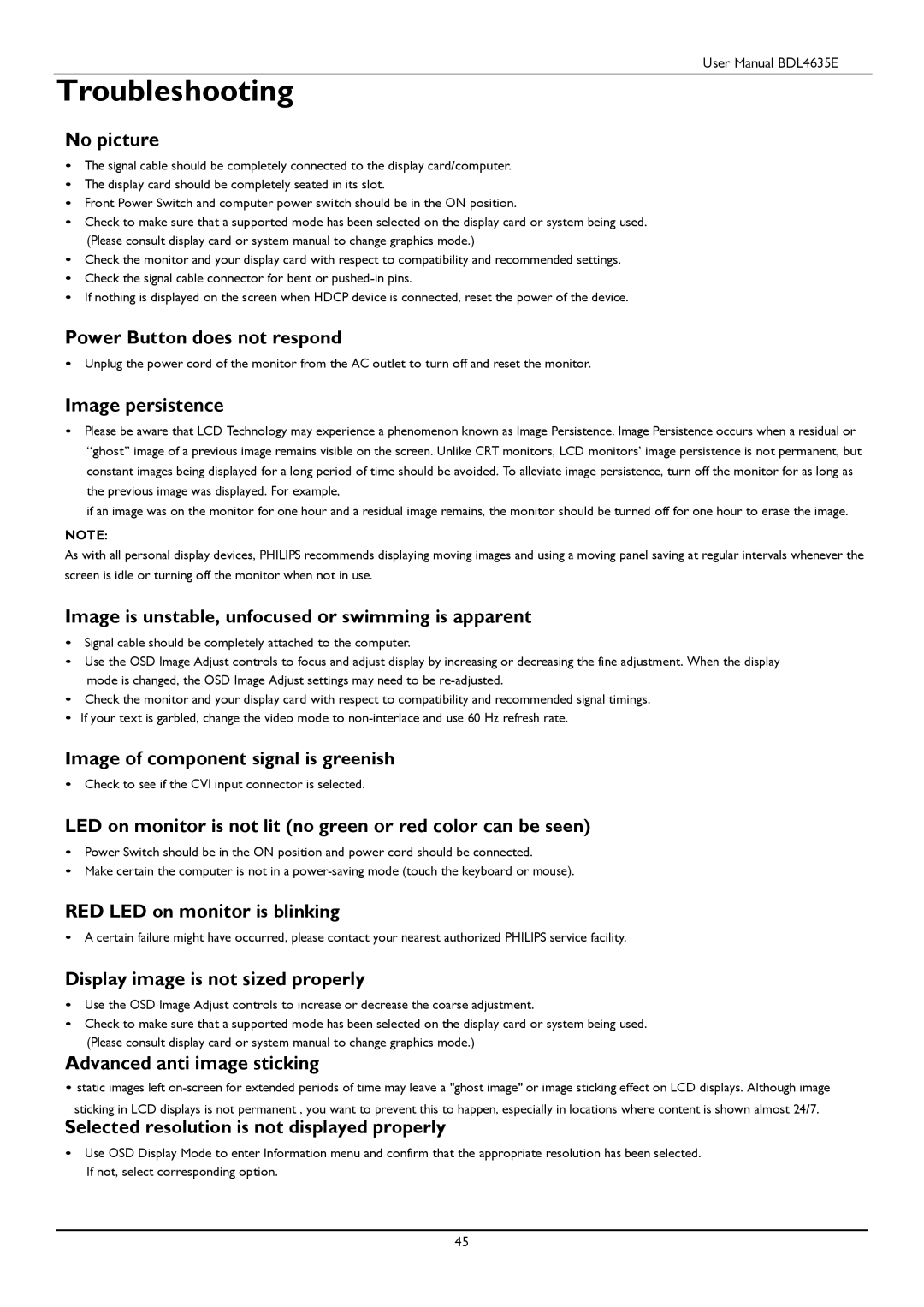 Philips BDL4635E/00 user manual Troubleshooting 