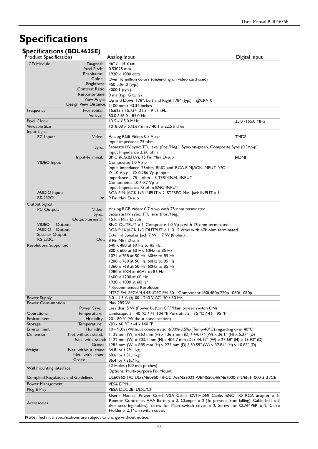 Philips BDL4635E/00 user manual Specifications BDL4635E 