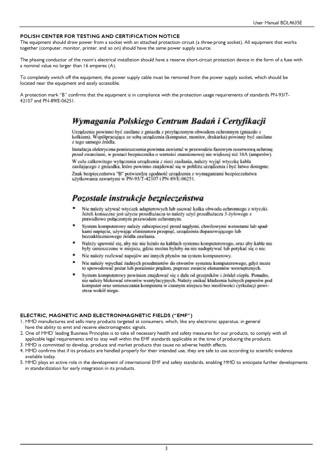 Philips BDL4635E/00 Polish Center for Testing and Certification Notice, ELECTRIC, Magnetic and Electronmagnetic Fields EMF 