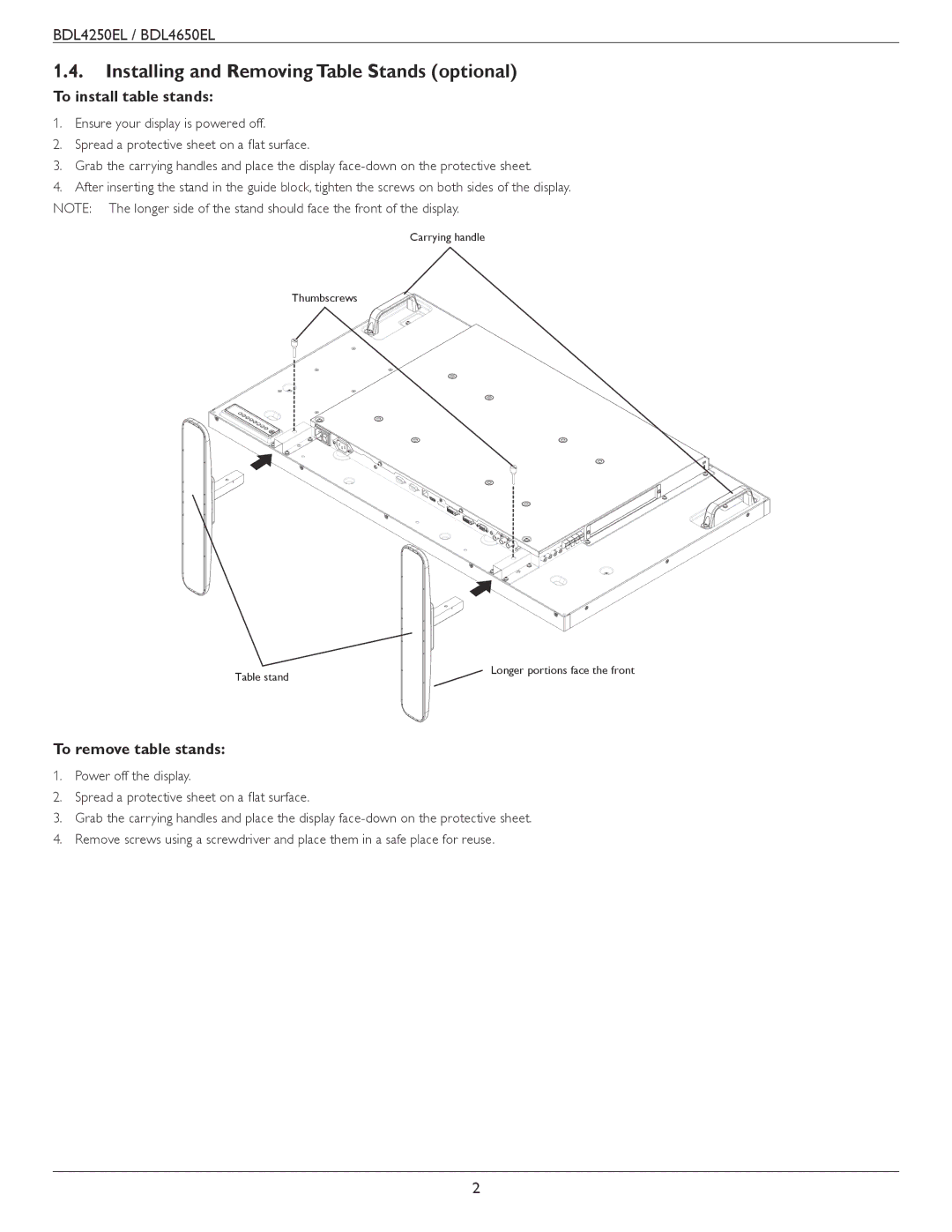 Philips BDL4650E, BDL4250EL Installing and Removing Table Stands optional, To install table stands, To remove table stands 