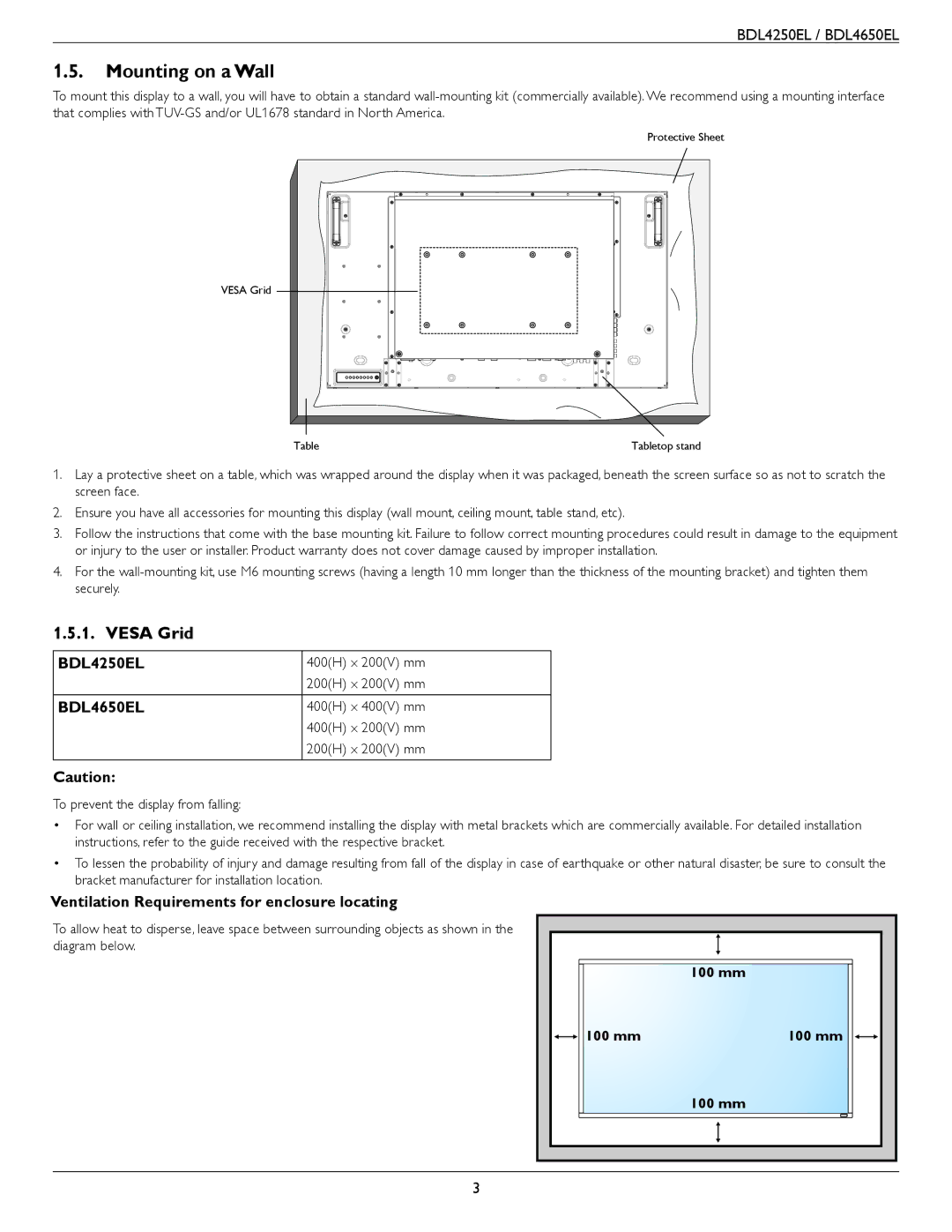 Philips BDL4250EL, BDL4650E user manual Mounting on a Wall, Vesa Grid, Ventilation Requirements for enclosure locating 