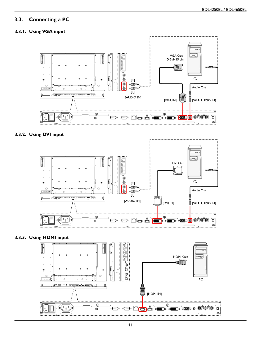 Philips BDL4250EL, BDL4650E user manual Connecting a PC, Using VGA input, Using DVI input, Using Hdmi input 