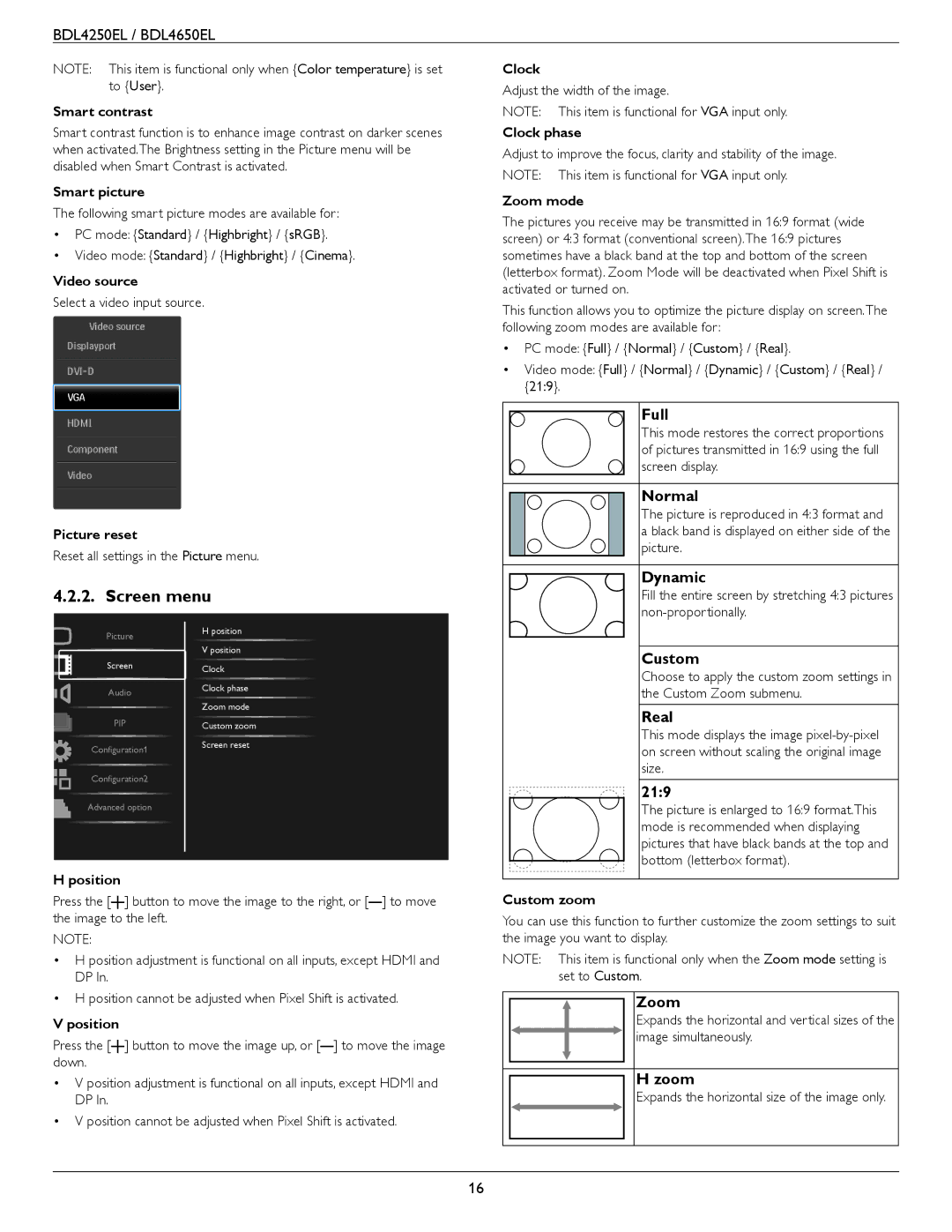 Philips BDL4650E, BDL4250EL user manual Screen menu 