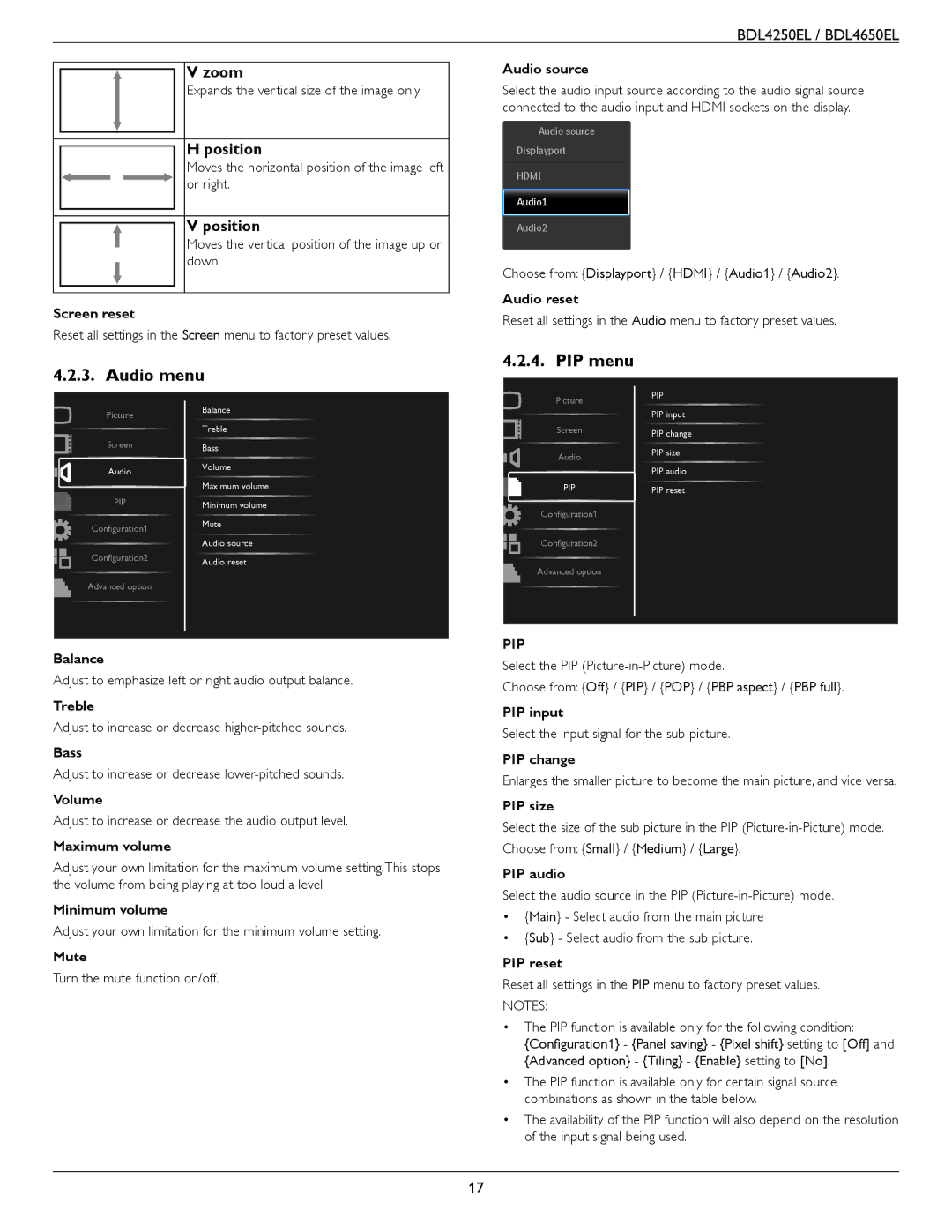 Philips BDL4250EL, BDL4650E user manual Audio menu, PIP menu, Position 