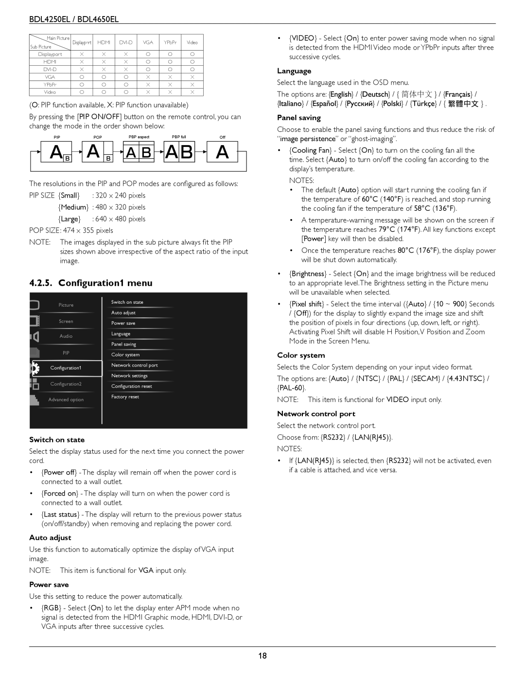 Philips BDL4650E, BDL4250EL user manual Configuration1 menu 