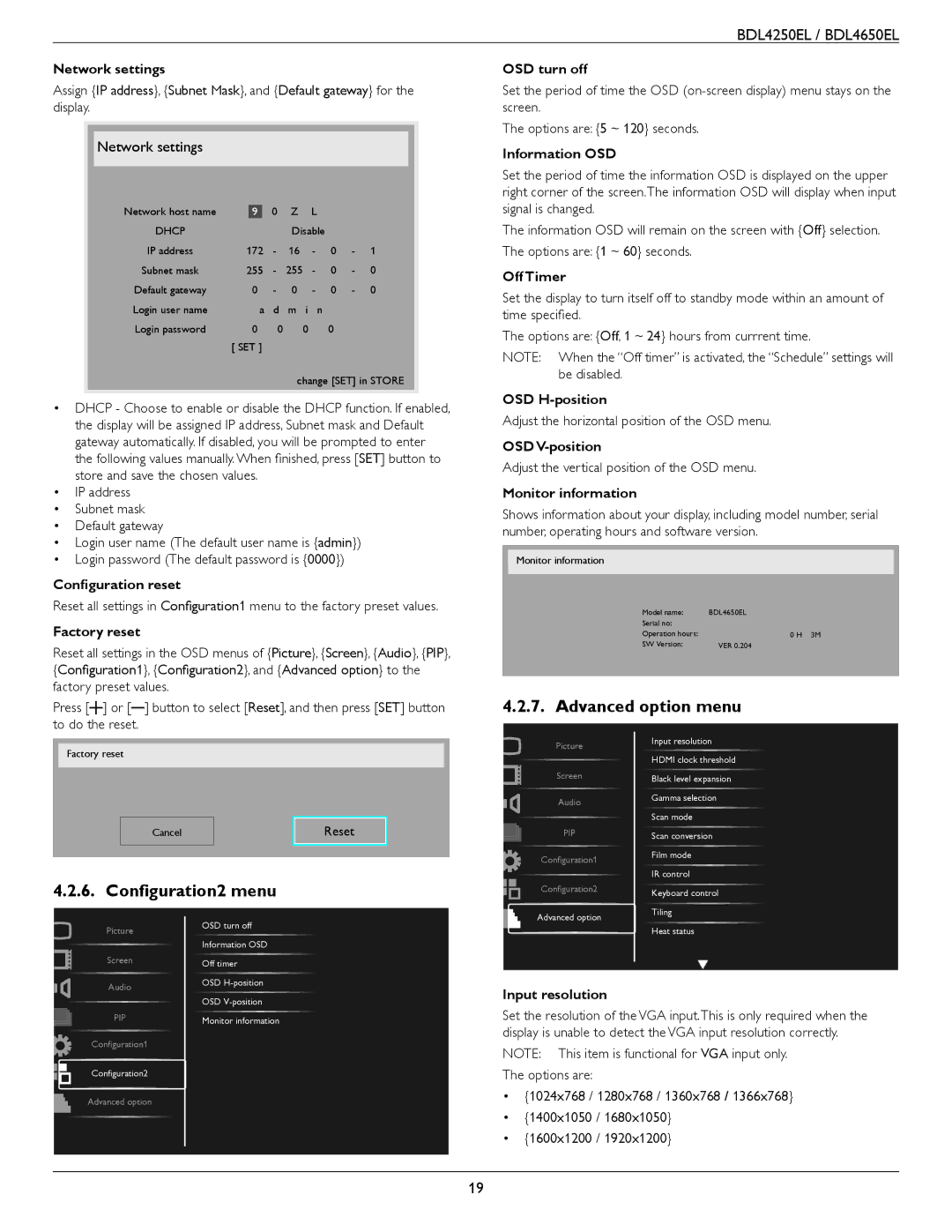 Philips BDL4250EL, BDL4650E user manual Advanced option menu, Configuration2 menu 