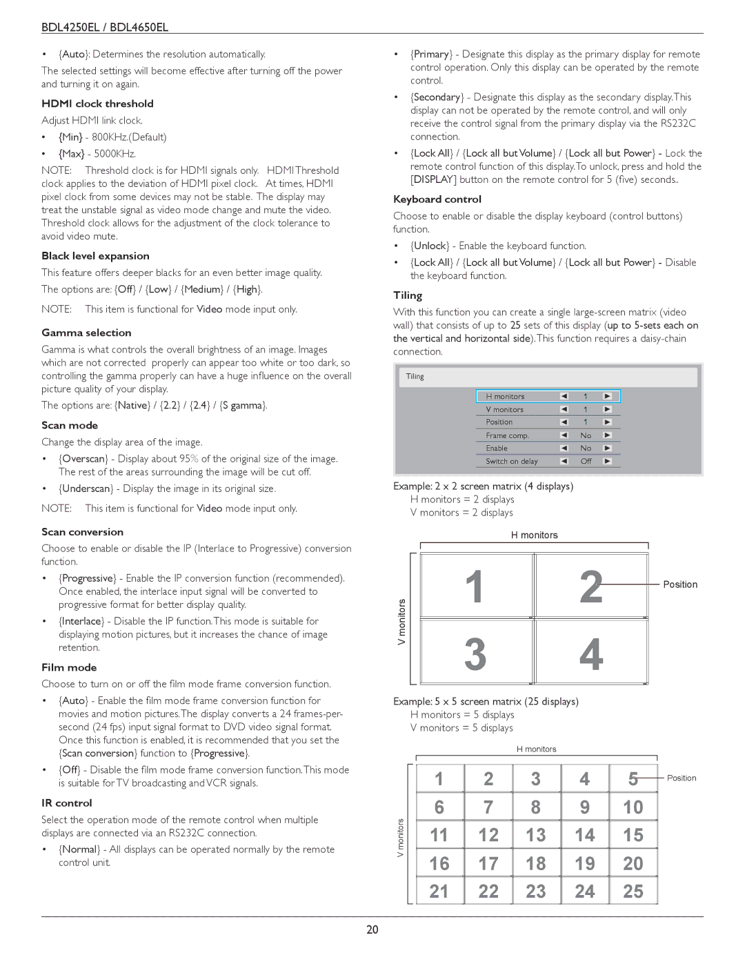 Philips BDL4650E Hdmi clock threshold, Black level expansion, Gamma selection, Scan mode, Scan conversion, Film mode 