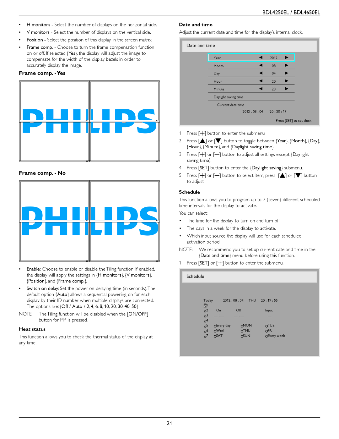 Philips BDL4250EL, BDL4650E user manual Frame comp. -Yes Frame comp. No, Heat status, Date and time, Schedule 