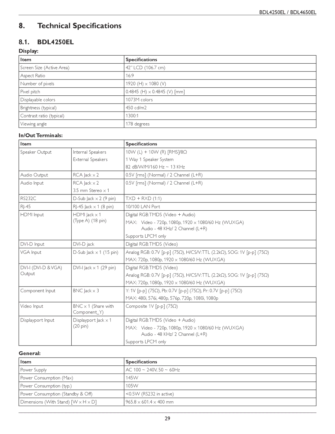 Philips BDL4250EL, BDL4650E user manual Technical Specifications, Display, In/Out Terminals, General 