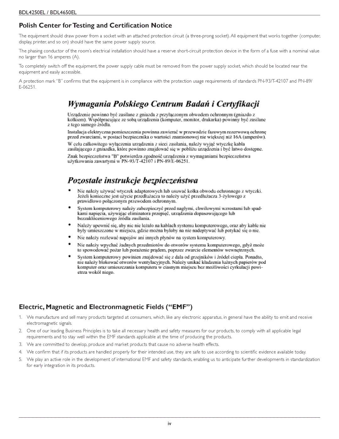 Philips BDL4650E Polish Center for Testing and Certification Notice, Electric, Magnetic and Electronmagnetic Fields EMF 