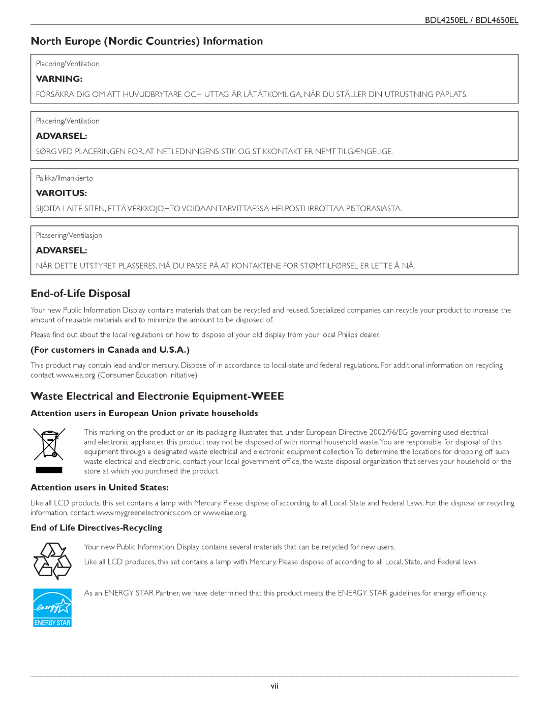 Philips BDL4250EL North Europe Nordic Countries Information, End-of-Life Disposal, For customers in Canada and U.S.A 