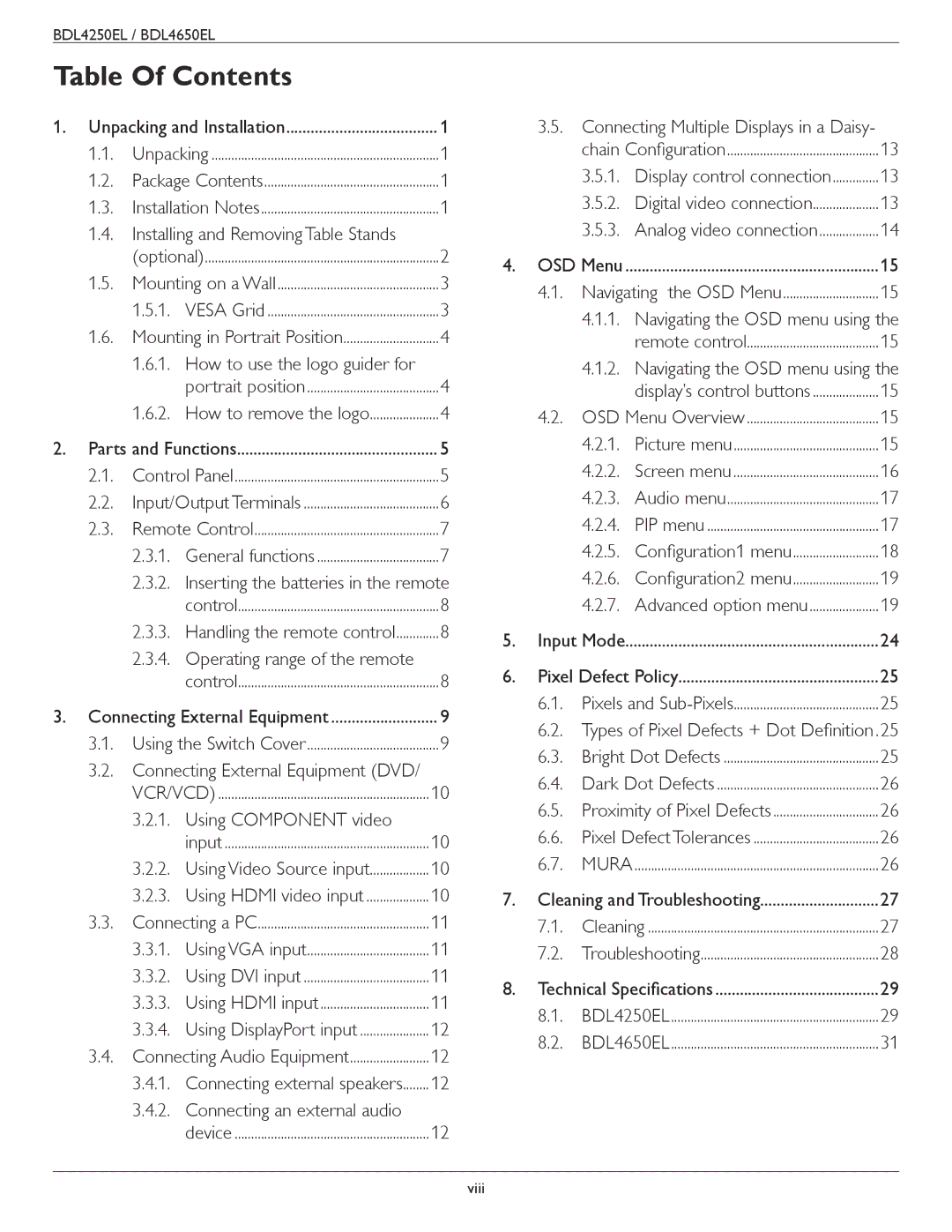 Philips BDL4650E, BDL4250EL user manual Table Of Contents 