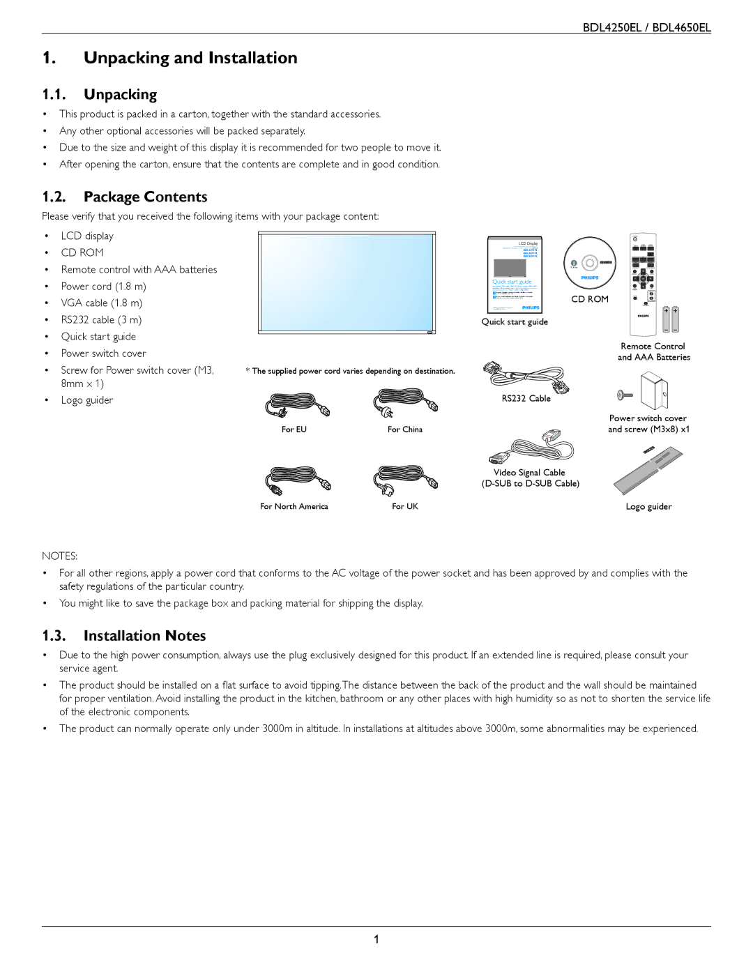 Philips BDL4250EL, BDL4650E user manual Unpacking and Installation, Package Contents, Installation Notes 