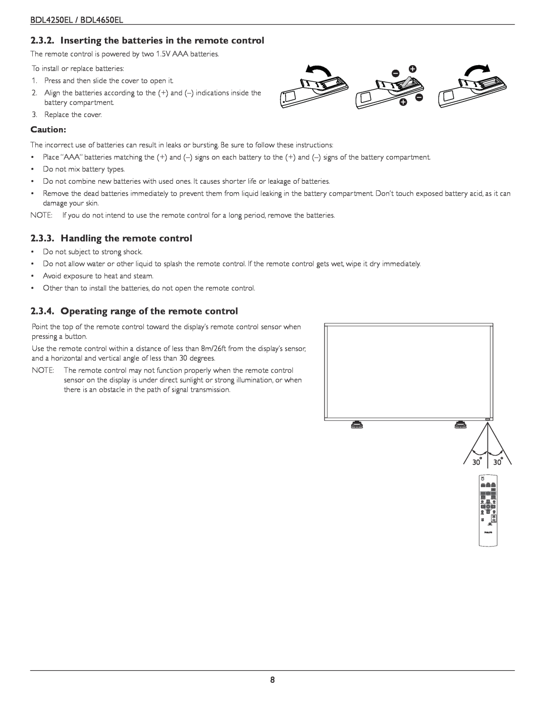 Philips BDL4650E, BDL4250EL user manual Inserting the batteries in the remote control, Handling the remote control 