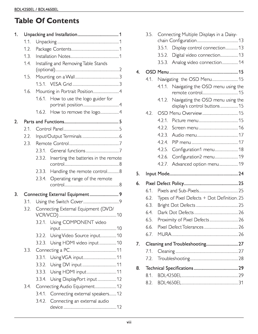 Philips BDL4650E, BDL4250EL user manual Table Of Contents 