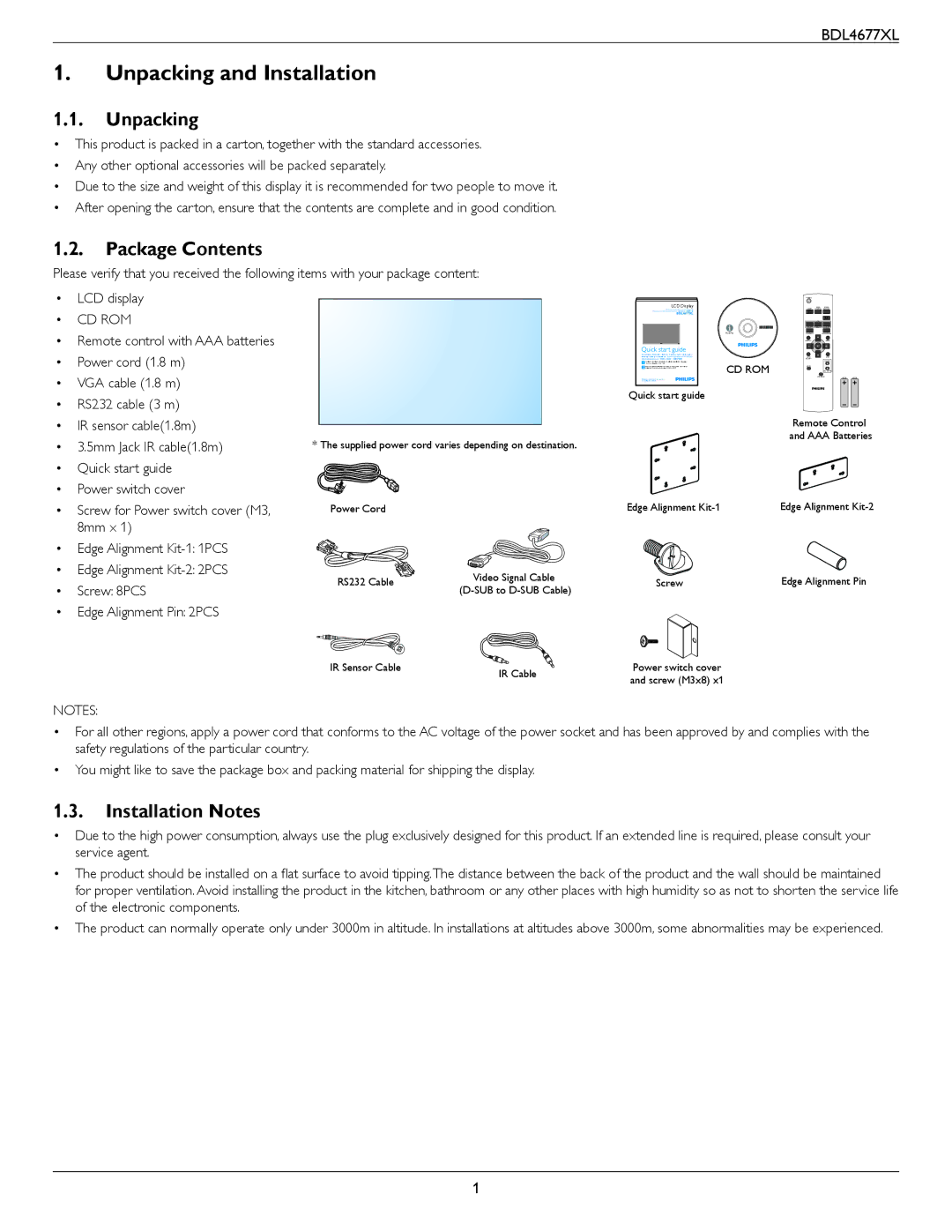 Philips BDL4677XL user manual Unpacking and Installation, Package Contents, Installation Notes 